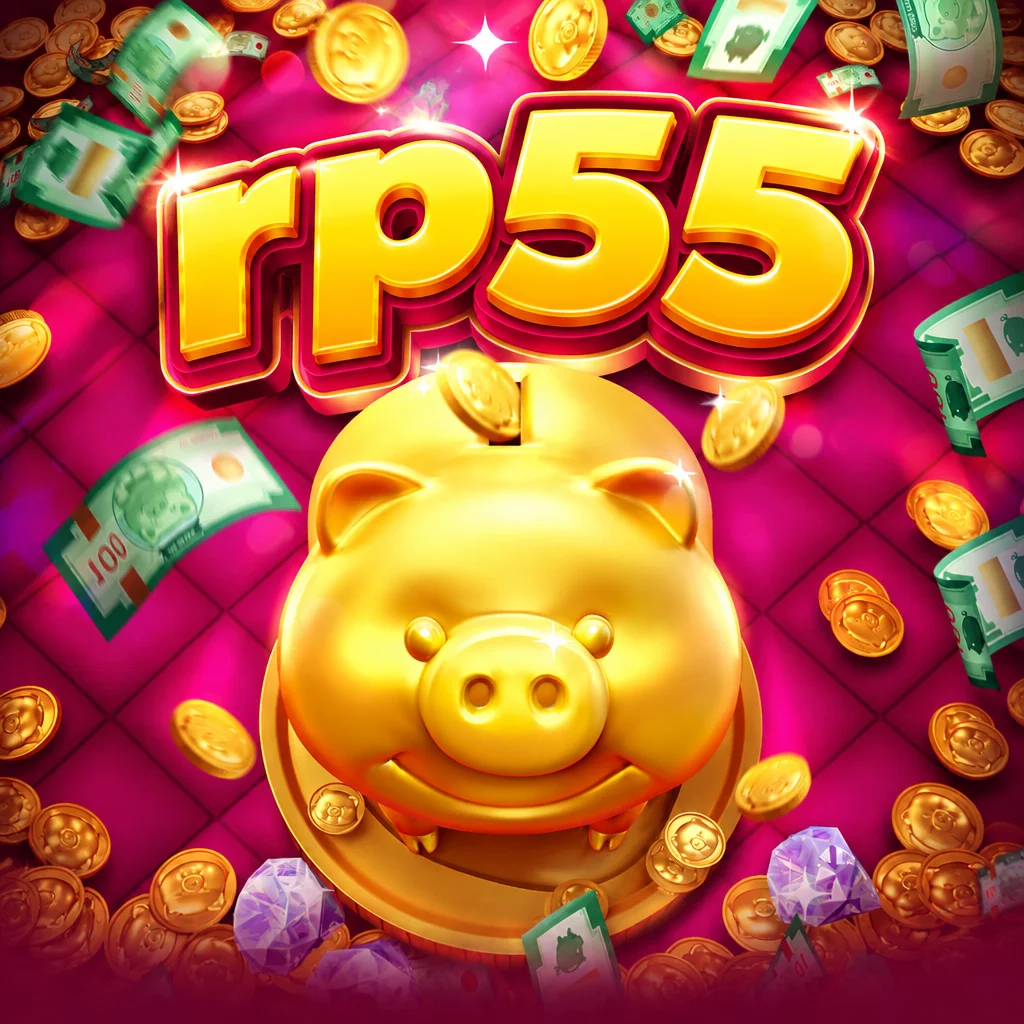rp55 menyajikan celengan babi emas dengan koin dan uang kertas dalam game Lucky Piggy